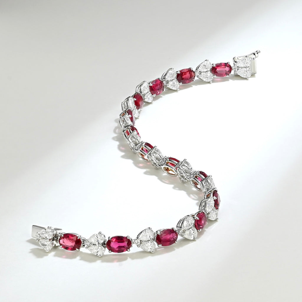 One of a Kind 18K White Gold Ruby and Heart-shaped Diamond Tennis Bracelet