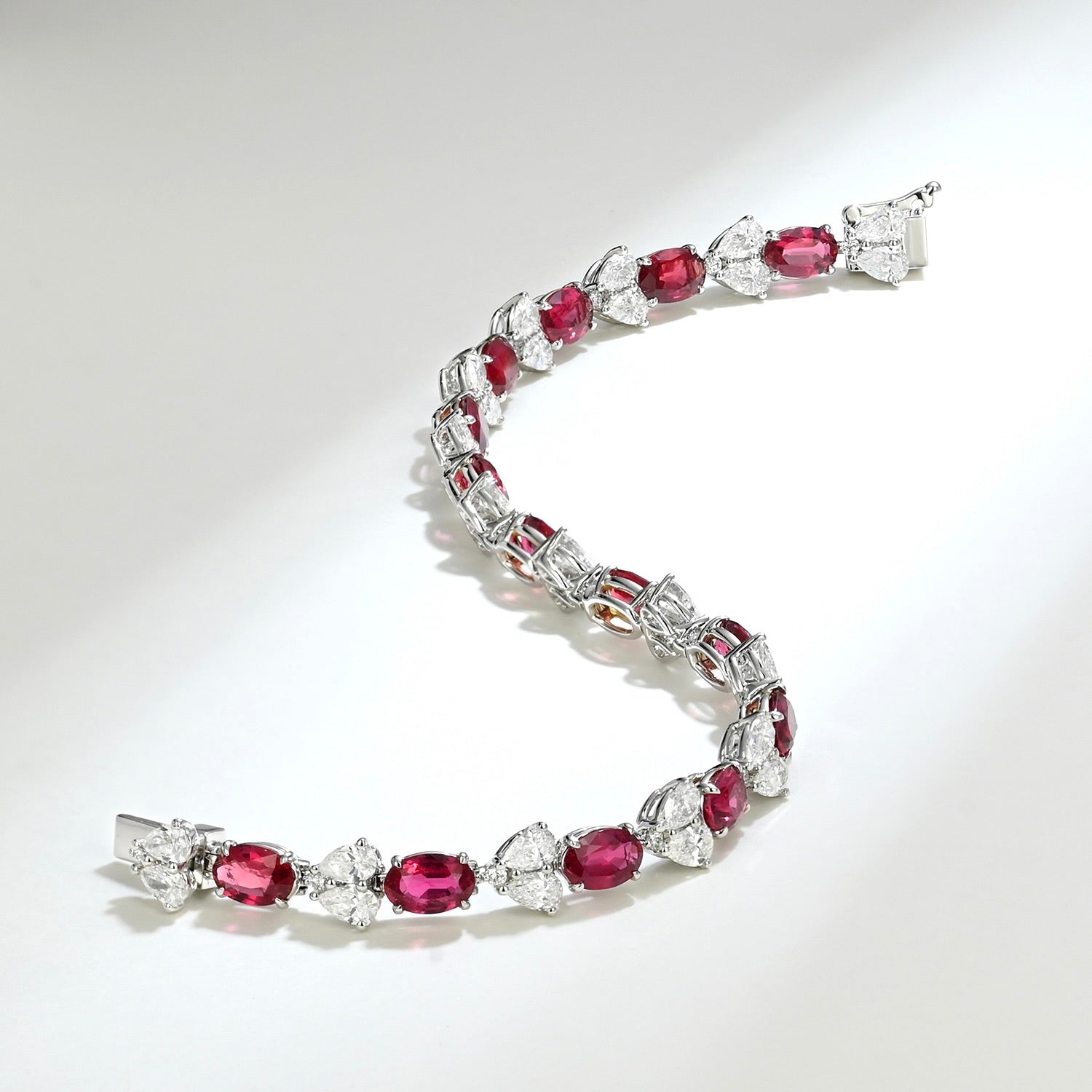 One of a Kind 18K White Gold Ruby and Heart-shaped Diamond Tennis Bracelet
