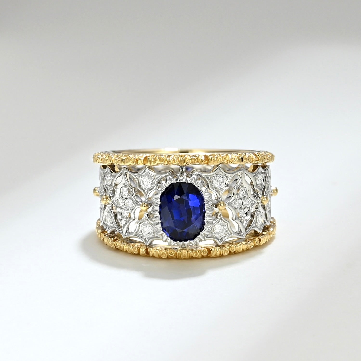 One of a Kind 18K Yellow Gold Royal Blue Sapphire and Diamond Ring