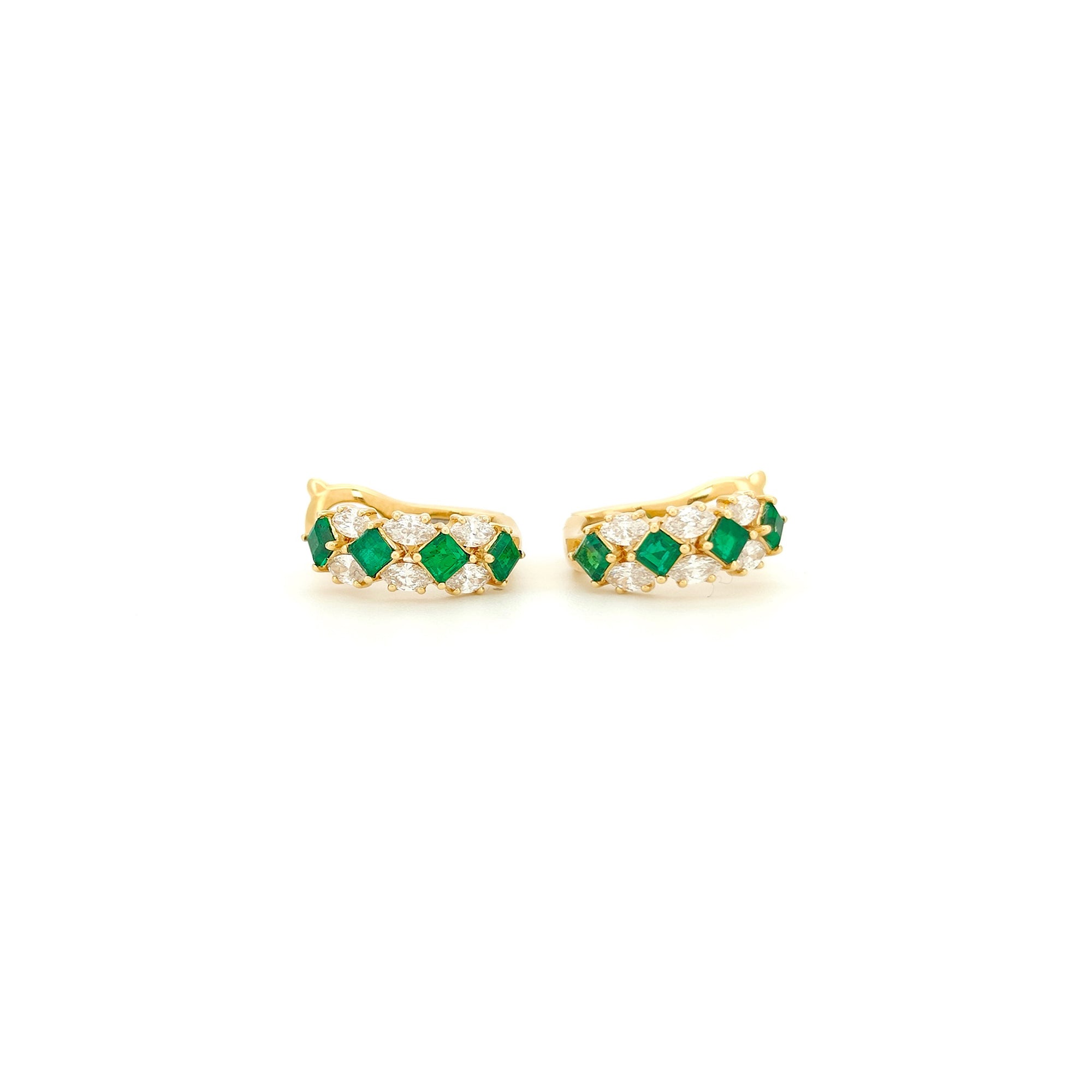 Emerald and Diamond Hoop Earrings 18K Yellow Gold