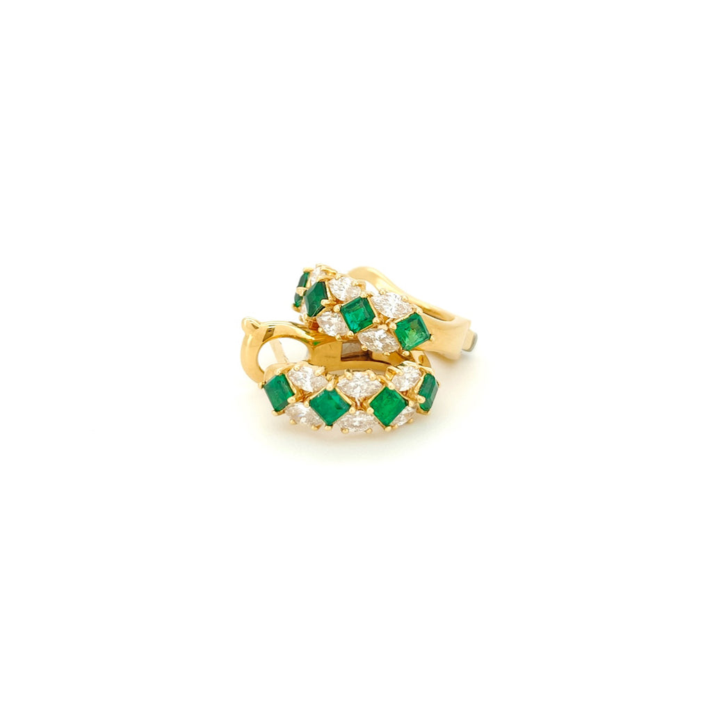 Emerald and Diamond Hoop Earrings 18K Yellow Gold