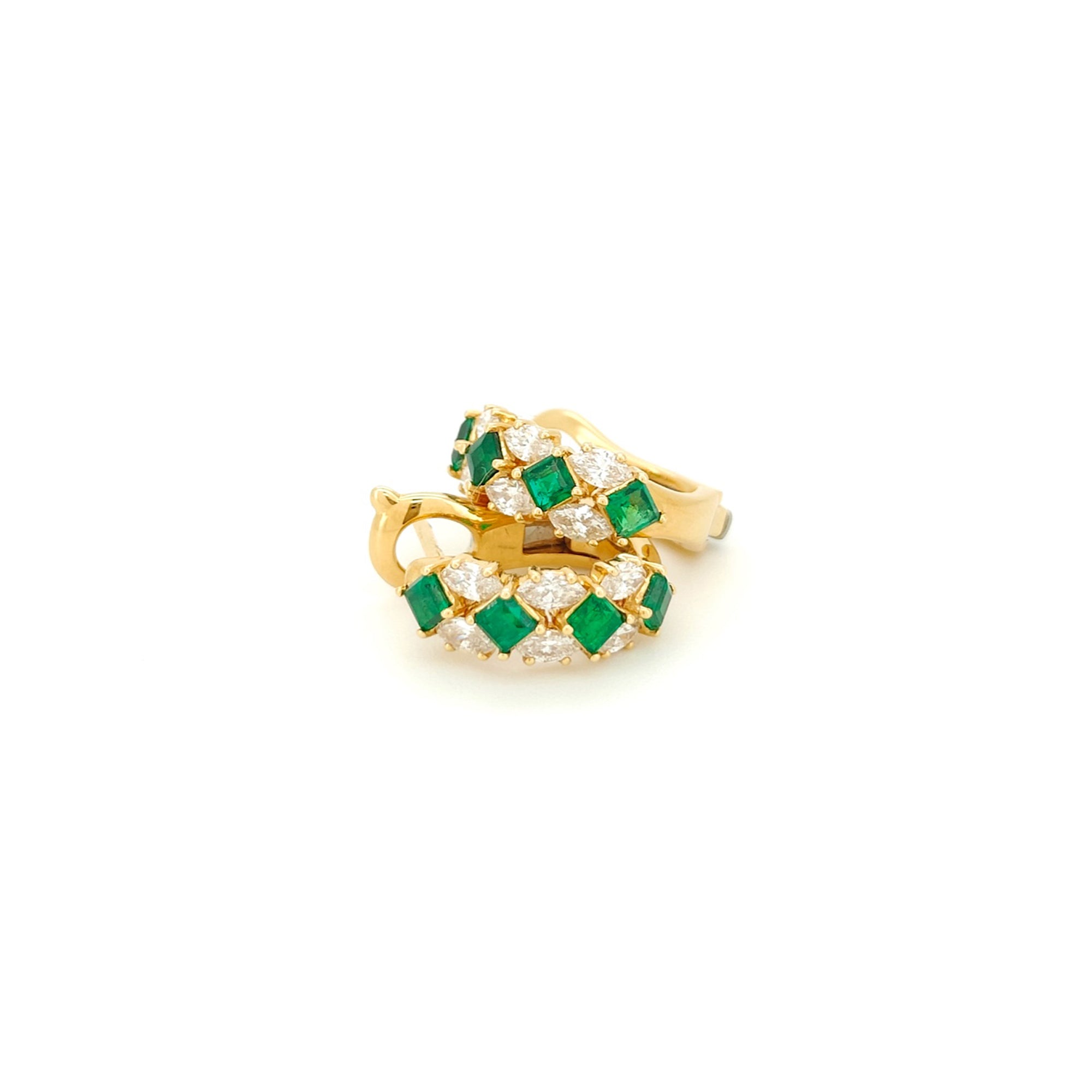 Emerald and Diamond Hoop Earrings 18K Yellow Gold