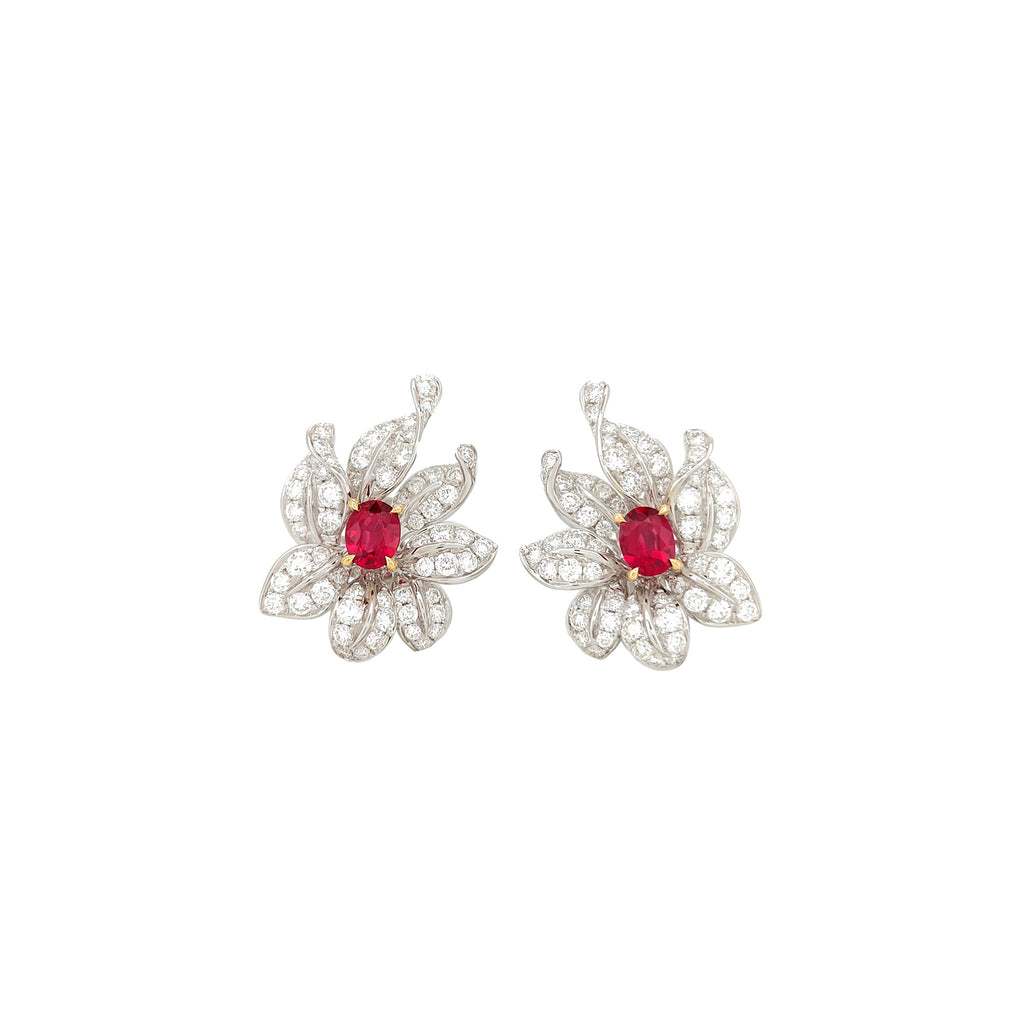 Ruby and Diamond Flower Earrings 18K White Gold