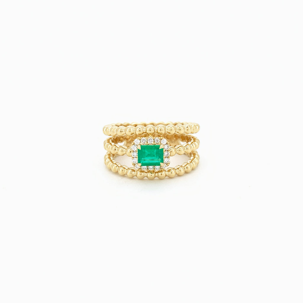 Three layer Emerald Diamond Ring 18K Yellow Gold