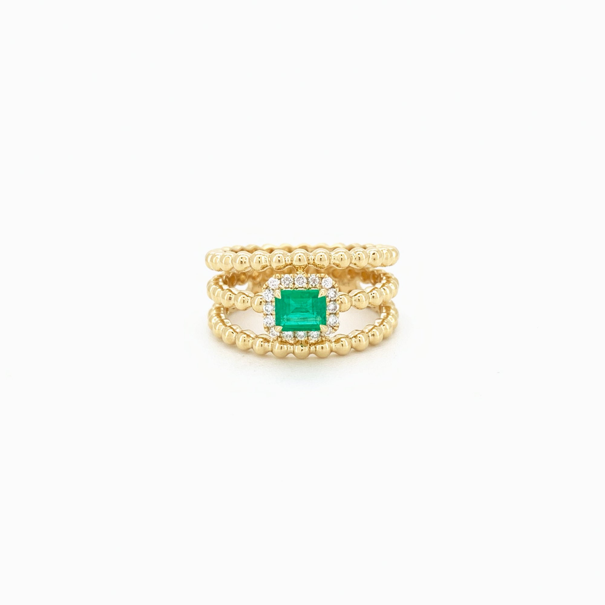 Three layer Emerald Diamond Ring 18K Yellow Gold