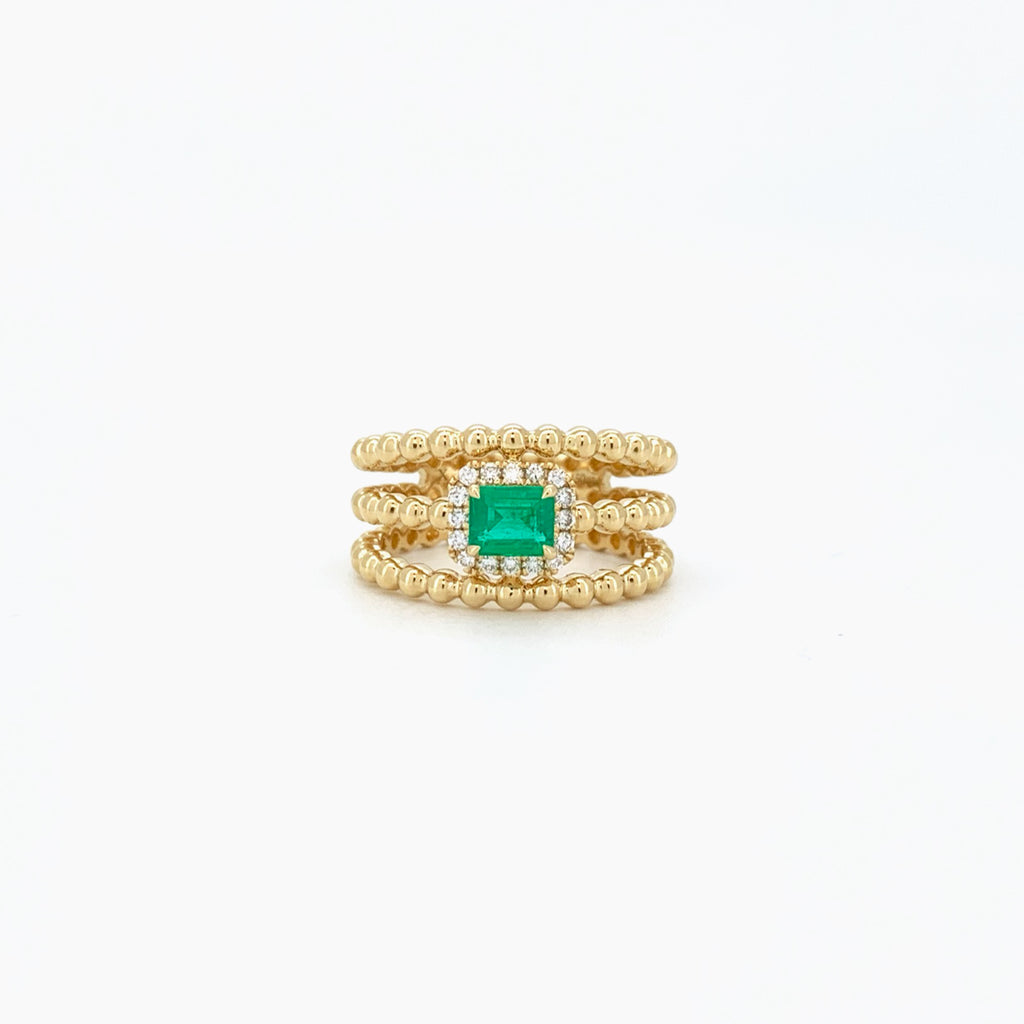 Three layer Emerald Diamond Ring 18K Yellow Gold