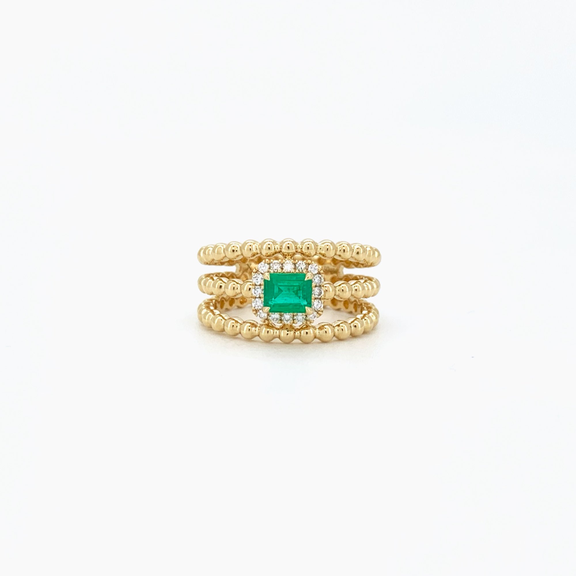 Three layer Emerald Diamond Ring 18K Yellow Gold