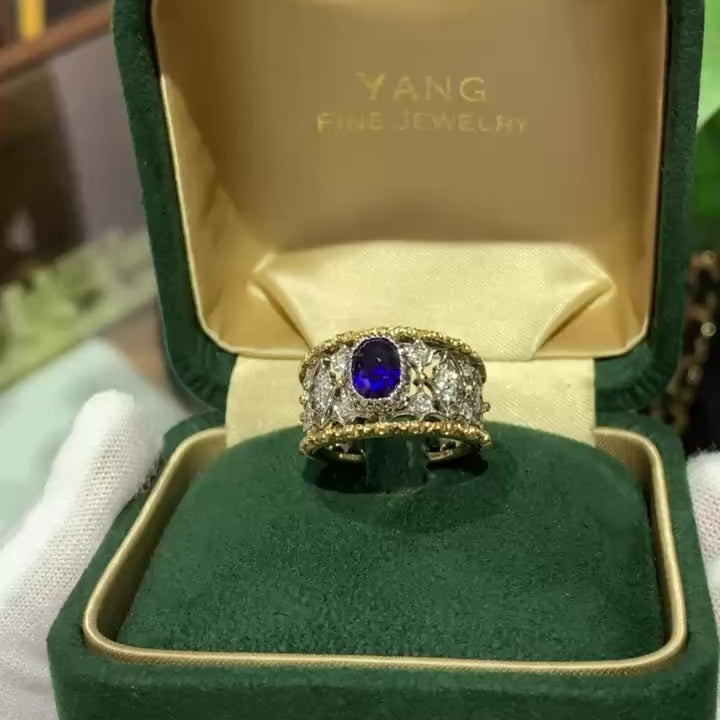 One of a Kind 18K Yellow Gold Royal Blue Sapphire and Diamond Ring