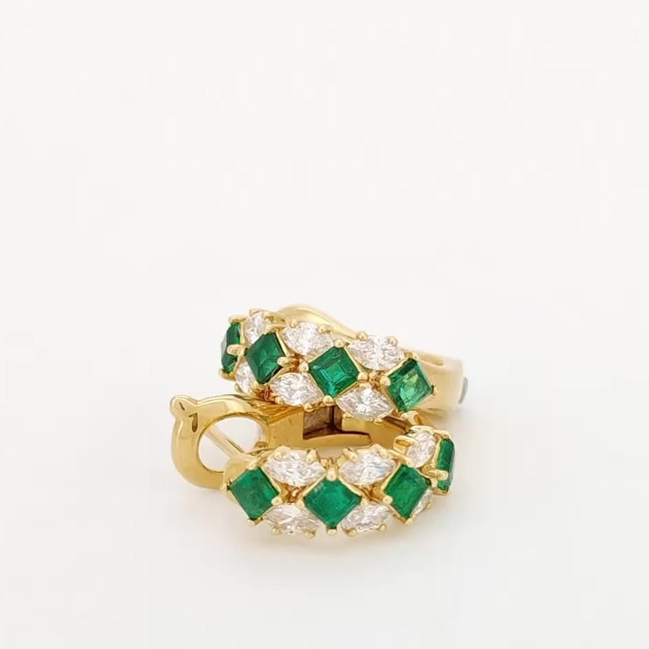 Emerald and Diamond Hoop Earrings 18K Yellow Gold