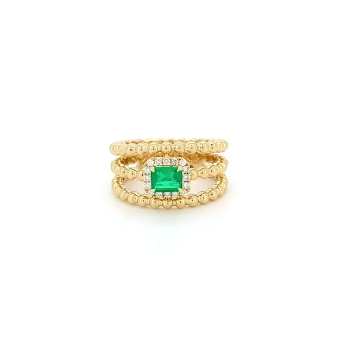 Three layer Emerald Diamond Ring 18K Yellow Gold