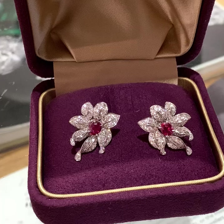 Ruby and Diamond Flower Earrings 18K White Gold