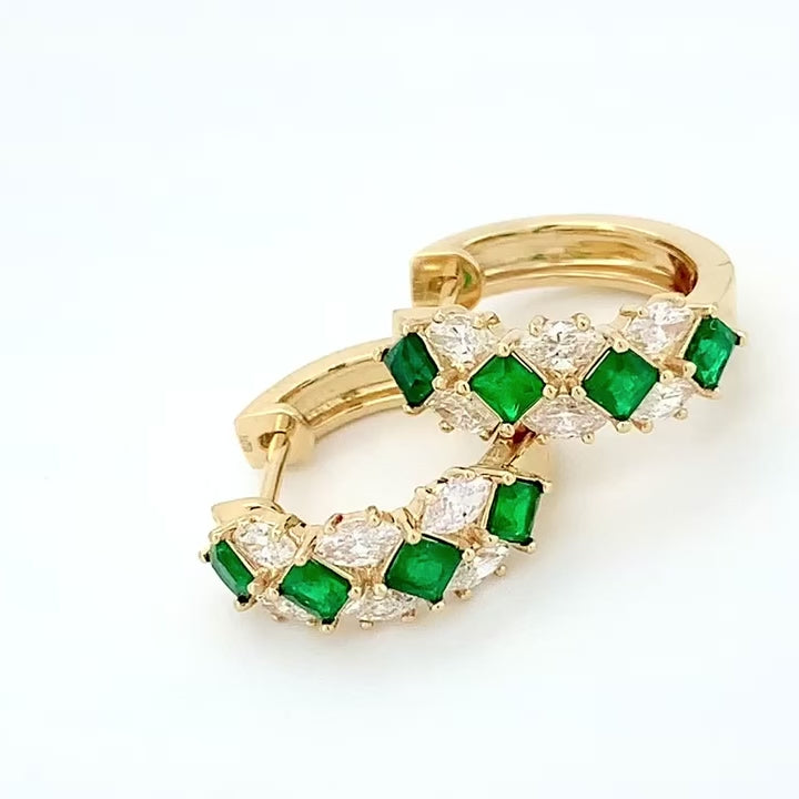 Emerald and Diamond Hoop Earrings 18K Yellow Gold